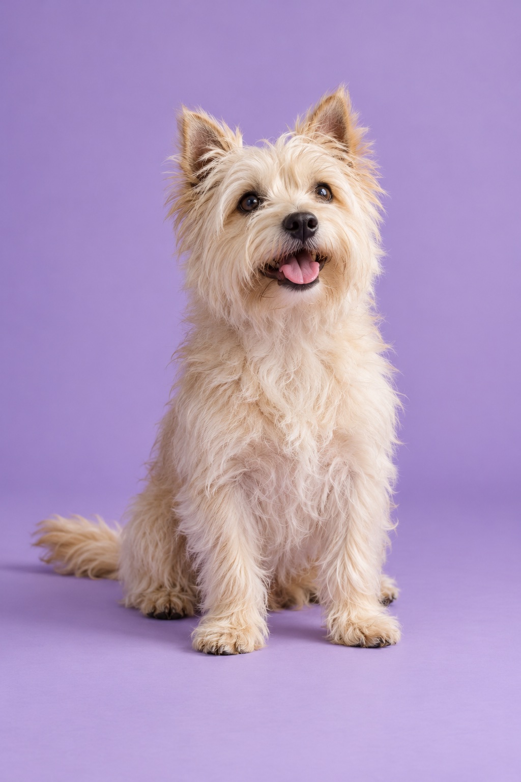 Illustrative cream terrier sitting against a lavender studio backdrop